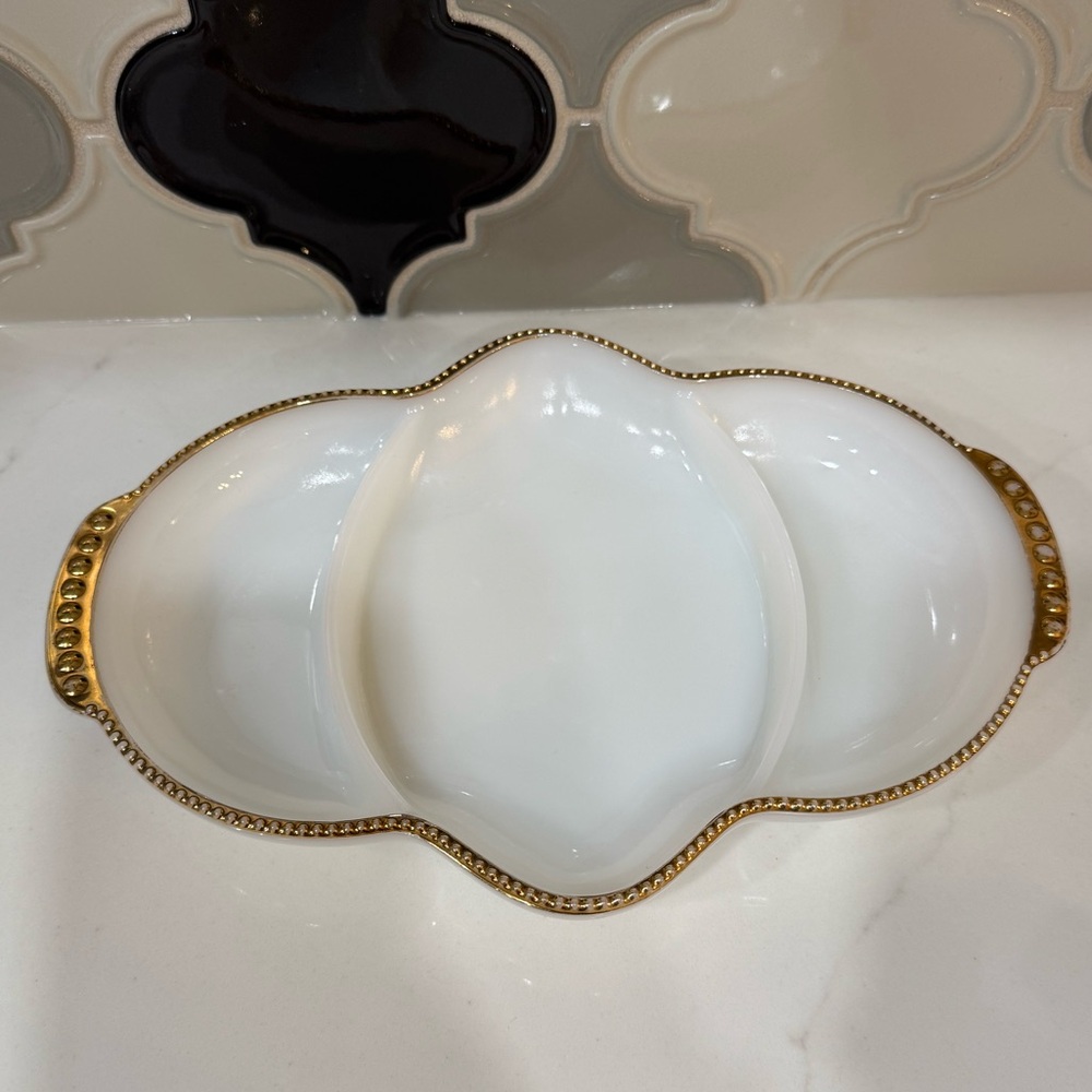 Vintage Fire-King Milk Glass Divided Dish with Gold Trim MCM Serving Dish